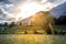 Idyllic countryside landscape: Meadow and mountains, Bavaria, Germany