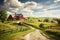 An idyllic countryside scene with a single dirt road guiding the way to a picturesque red barn, An old-fashioned countryside with