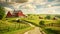 An idyllic countryside scene with a single dirt road guiding the way to a picturesque red barn, An old-fashioned countryside with