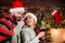 Idyllic date. Man woman santa claus hats cheerful celebrating new year. Romantic ideas celebration. Merry christmas