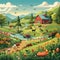 Idyllic Eco-Farm Scene in Vibrant Whimsical Art Style