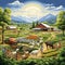 Idyllic Eco-Farm Scene in Vibrant Whimsical Art Style