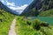 Idyllic excursion destination scenic in summertime in the Alps, near Stillup Lake, Zillertal Alps Nature Park, Austria