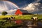 Idyllic Farm Scene With Red Barn And Grazing Cows Under Rainbow. Generative AI