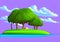 Idyllic Green Island Illustration with Trees and Stunning Purple Sky With White Clouds