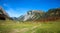 Idyllic hiking area around alpine village Eng, karwendel valley, in autumn