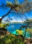 Idyllic island scenery, bay with boats on Majorca island, Spain.