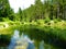Idyllic lake Kreda near Mojstrana in Vrata valley, Slovenia and a reflection of the trees in the lake