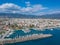 Idyllic landscape above Kalamata`s Marina at sunset. Aerial photo of Kalamata city, Messenia, Peloponnese, Greece