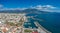 Idyllic landscape above Kalamata`s Marina at sunset. Aerial photo of Kalamata city, Messenia, Peloponnese, Greece