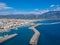 Idyllic landscape above Kalamata`s Marina at sunset. Aerial photo of Kalamata city, Messenia, Peloponnese, Greece