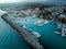 Idyllic landscape above Kalamata`s Marina at sunset. Aerial photo of Kalamata city, Messenia, Peloponnese, Greece