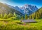 Idyllic landscape in the Alps with traditional mountain chalet at sunset