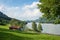 Idyllic landscape lake Schliersee, tourist resort and cosy cabin with restaurant