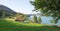 Idyllic landscape lake Schliersee, tourist resort and cosy cabin with restaurant. Rixneralm upper bavaria