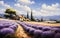 Idyllic landscape painting of a rustic countryside home amidst lavender fields with cypress trees and rolling hills under a sunny