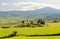 Idyllic landscape of Tuscan countryside, with farmhouses surrounded by cypress trees on green grassy rolling hills & Monte Amiata