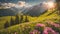 Idyllic mountain landscape in the Alps with blooming meadows in