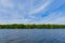 Idyllic nature panorama ecology landscape of peaceful river waters and forest green trees with blue sky background scenic view