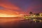 Idyllic orange sunrise on the beach of Los Urrutias, in the Mar Menor, Cartagena,