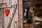 Idyllic outhouse with heart symbol and petrol lamp