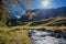 Idyllic path beside little brook in autumnal swiss landscape