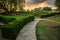 Idyllic pathway of stone paths winding through a vibrantly park on a sunny day