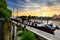 Idyllic river promenade with ships in Leer, East Frisia, Germany