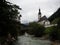 Idyllic rural alpine mountain chapel church St Sebastian at Ramsauer Ache in Ramsau Berchtesgaden Upper Bavaria Germany