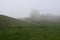 Idyllic rural scene featuring a grassy hillside with an empty bench and buildings in the fog