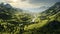 Idyllic rural scene Majestic mountain range, green meadow, pine trees generated by AI