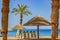 Idyllic sand beach resort scenic landscape destination of Red sea waterfront with white lounge furniture straw umbrella in palm