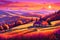 An idyllic scene of a cottage nestled among rolling hills, basking in the warm hues of a breathtaking sunset