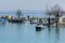 Idyllic scene of multiple sailboats in Bodensee Lake harbor in Switzerland