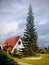 Idyllic scene of a quaint, red-roofed house nestled in a natural forest setting