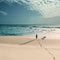 Idyllic seascape with a man walking on the lonely beach with his dog