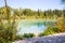 Idyllic shore landscape with pebble beach, blue water, flowers and wood