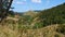 Idyllic shot of green countryside and hills surrounding empty concrete trail.