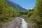 Idyllic spring landscape allgau alps, river Trettach and valley, mountains with snowy peak