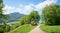 Idyllic spring landscape  bavaria, Lookout point with Gazebo, view to lake Tegernsee and mountains