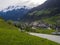 Idyllic spring mountain rural landscape. View over Stubaital or Stubai Valley near Innsbruck, Austria with village