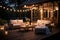 Idyllic Summer Evening Patio Bliss in the Garden of a Stunning Suburban House Adorned with Sparkling Lights.. created with