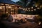 Idyllic Summer Evening Patio Bliss in the Garden of a Stunning Suburban House Adorned with Sparkling Lights.. created with