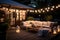 Idyllic Summer Evening Patio Bliss in the Garden of a Stunning Suburban House Adorned with Sparkling Lights.. created with