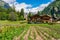 Idyllic summer view at Gressoney-Saint-Jean with the Monterosa in the background. In the Lys Valley. Aosta Valley, northern Italy.