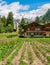 Idyllic summer view at Gressoney-Saint-Jean with the Monterosa in the background. In the Lys Valley. Aosta Valley, northern Italy.