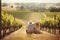 An idyllic, summer winery scene, featuring a couple picnic among the sun-kissed rows of grapevines, set against a picturesque,