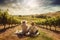 An idyllic, summer winery scene, featuring a gau couple picnic among the sun-kissed rows of grapevines, set against a picturesque