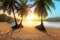 Idyllic Sunrise Scene of Superior Sandy Beach with Palm Trees, Generative AI