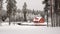 Idyllic Swedish house in winter scenery, Red cottage in pine forest. Generative AI